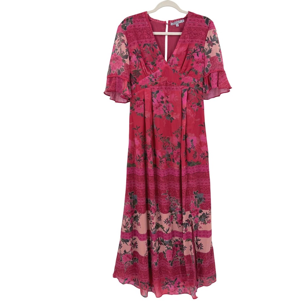 Hope & Ivy Maternity Pink Floral Flutter Sleeve Lace Trim Maxi Dress Size 12